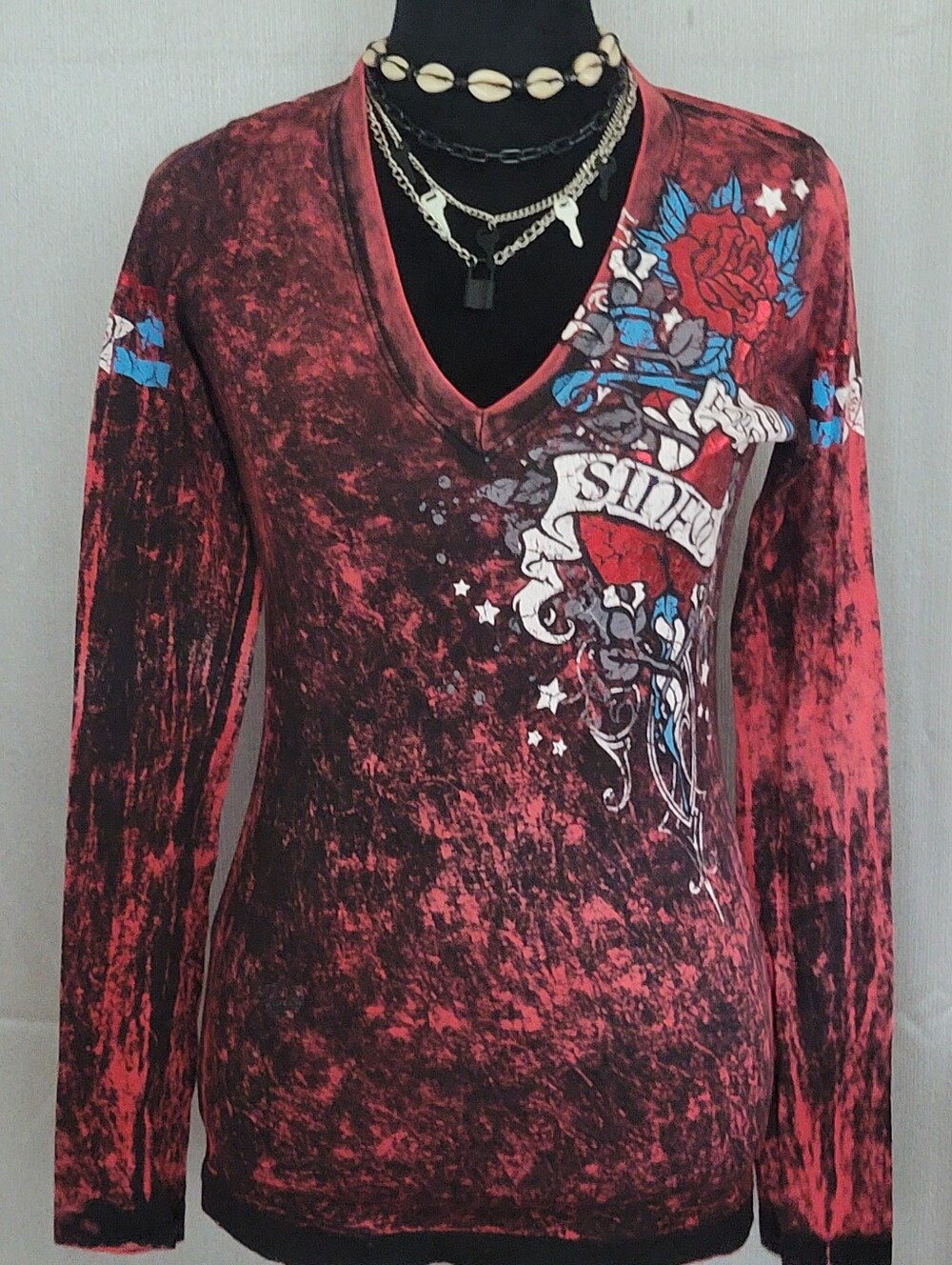 Red V-Neck Graphic Long Sleeve Top
